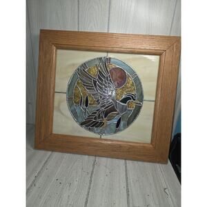 Vintage Leaded Stained Glass Mallard Duck Framed Art 18x16 Easel Man Cave Flaw